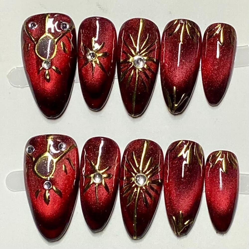 Celestial Theme Dark Red Cat Eye Almond Handmade Press-On Nail Large